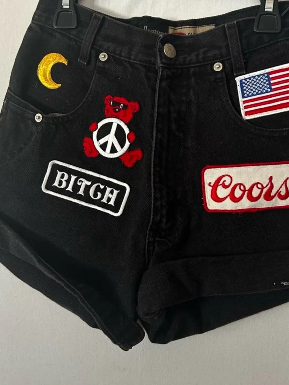 Vintage Black Denim Patch Shorts Womens Size 5 Small Coors USA Flag Y2K Biker